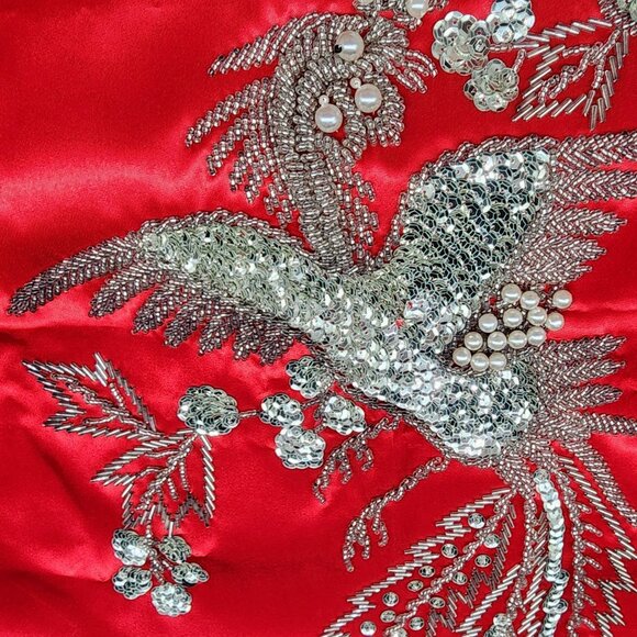 Hand Beaded Floral Bird of Paradise Red Satin Fabric for Wall Hanging or Garment - Picture 1 of 9